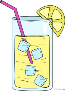 A tall glass of lemonade with a lemon slice and ice cubes, illustrated in a friendly cartoon style.