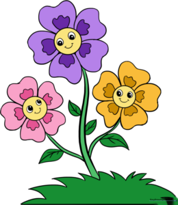 Colorful cartoon flowers with smiling faces and rounded petals, drawn in a simple, friendly style.