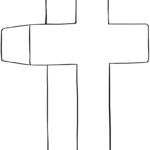 Black and white line art of a 3D cross with clear geometric edges, designed for children to practice shading and depth.