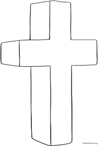 Black and white line art of a 3D cross with clear geometric edges, designed for children to practice shading and depth.