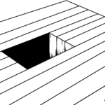 Black and white line art of a 3D hole illusion on a flat surface, featuring concentric shading lines to demonstrate depth for educational coloring.