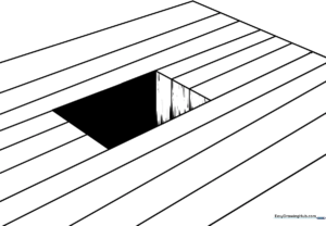 Black and white line art of a 3D hole illusion on a flat surface, featuring concentric shading lines to demonstrate depth for educational coloring.