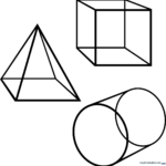 Black and white line art of various 3D geometric shapes including a cube, sphere, and pyramid, designed for children to color and learn about spatial forms.