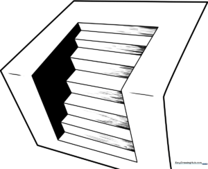 Black and white line art of an optical illusion staircase, featuring clean geometric lines designed for educational coloring and perspective practice.