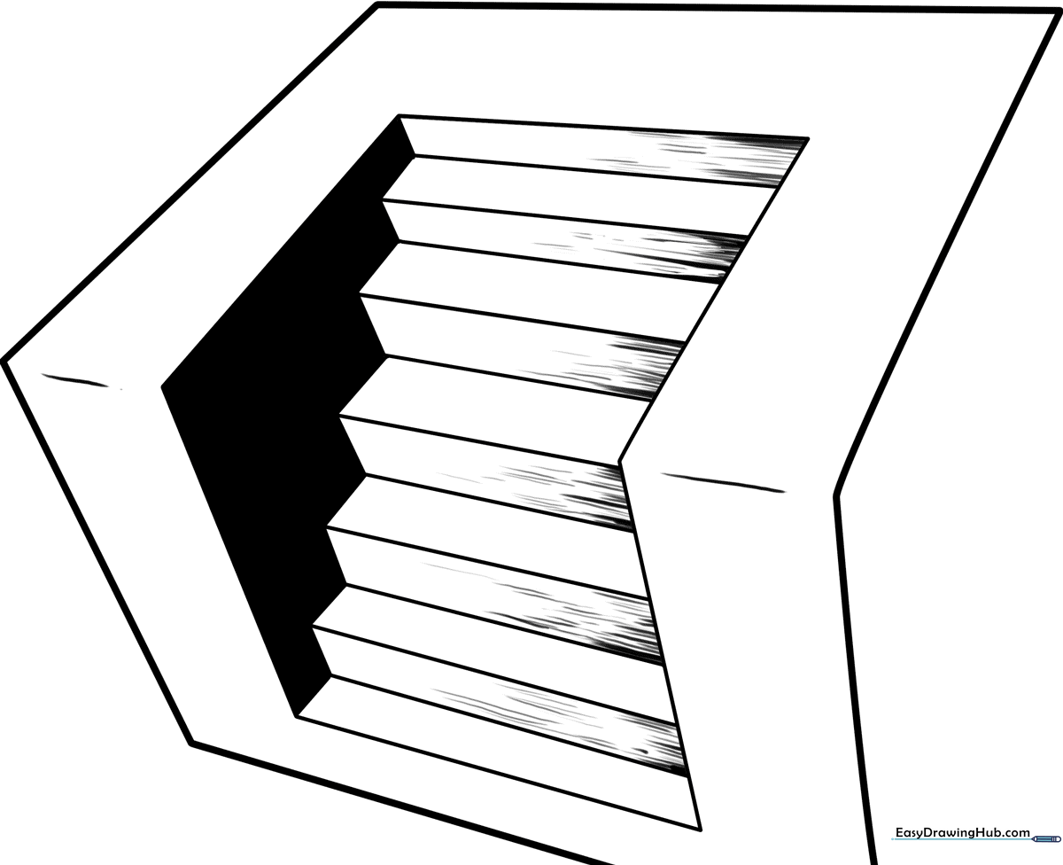 Black and white line art of an optical illusion staircase, featuring clean geometric lines designed for educational coloring and perspective practice.