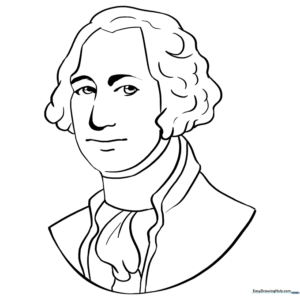 Line art portrait of George Washington for children to color, featuring his iconic powdered wig and colonial attire.