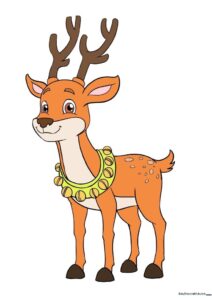Step-by-step drawing of a cute cartoon reindeer with a jingle bell collar and shiny nose.
