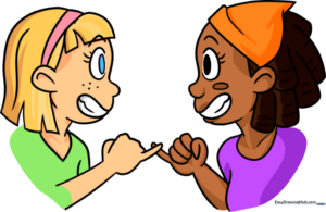 Two cartoon girls holding hands in a pinky promise pose, drawn in a simple, clean line art style.