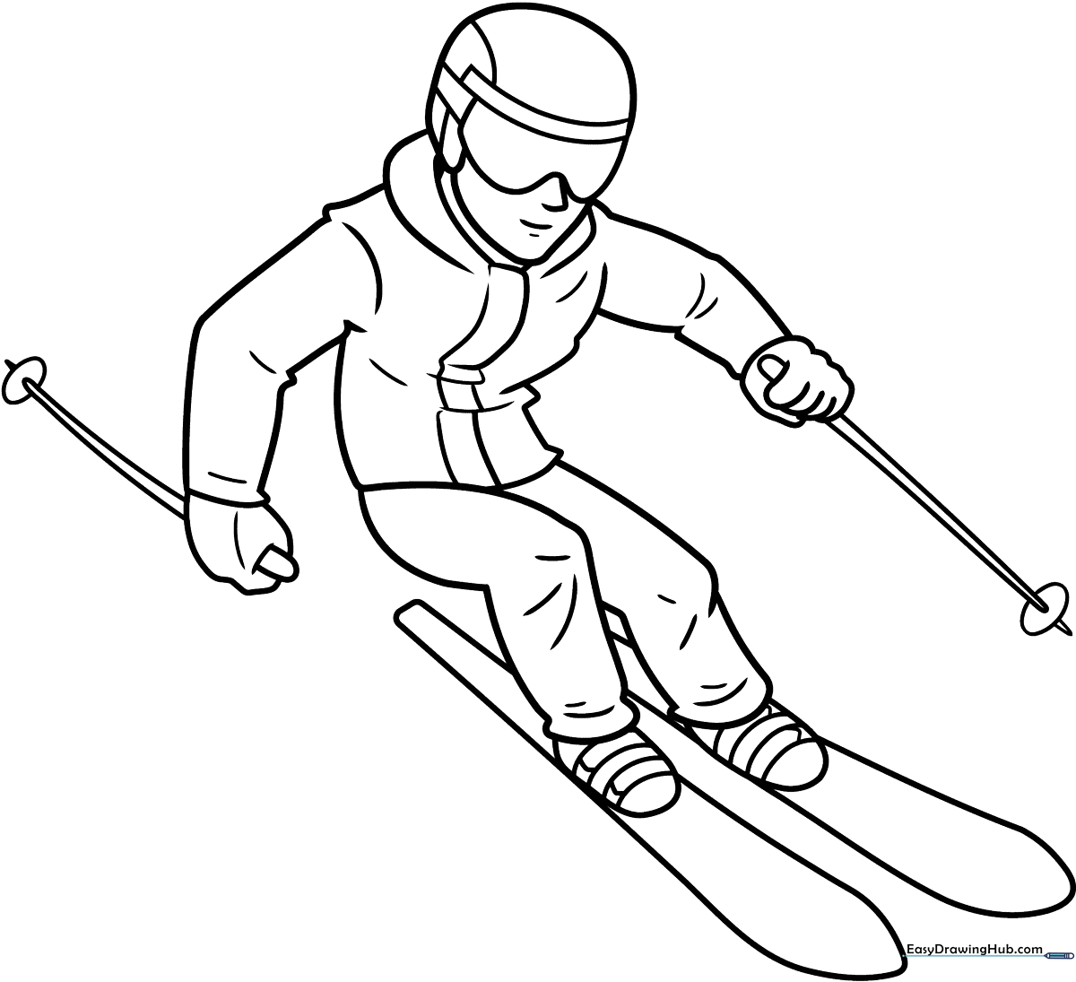 Line art illustration of a skier in motion, wearing goggles and winter gear, ready for coloring.
