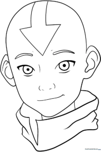 Black and white line art of Aang from Avatar: The Last Airbender, featuring his signature arrow tattoo and air nomad clothing, ready for coloring.
