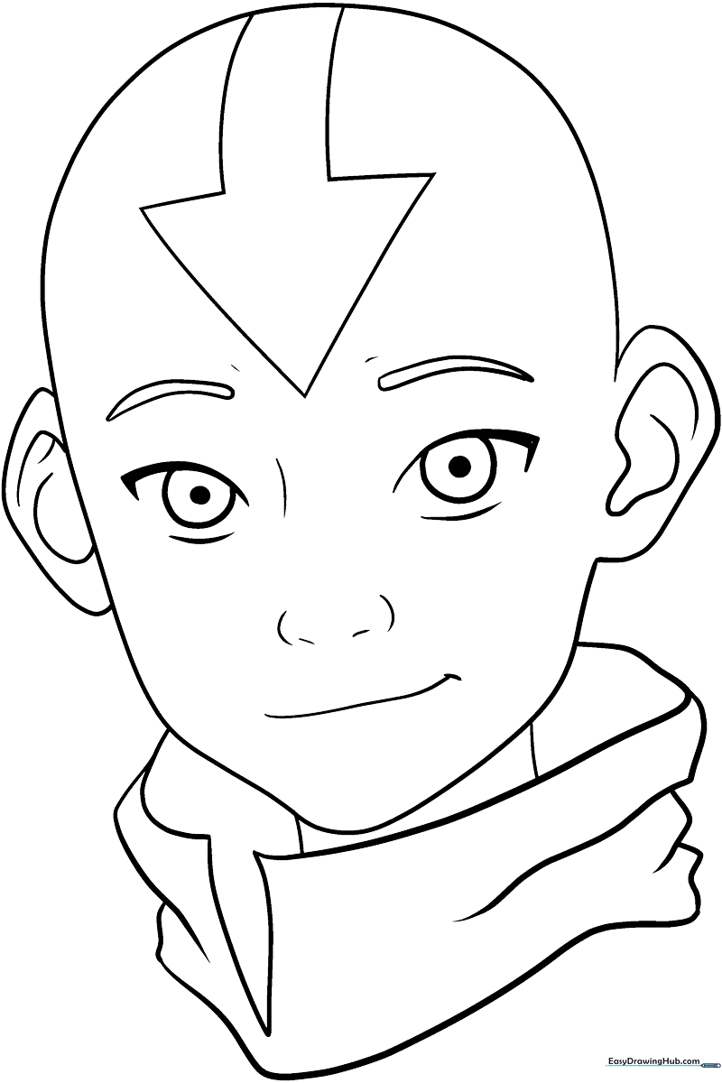 Black and white line art of Aang from Avatar: The Last Airbender, featuring his signature arrow tattoo and air nomad clothing, ready for coloring.