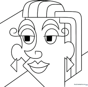 Black and white line art of an abstract face featuring geometric shapes and stylized features, ready for coloring.