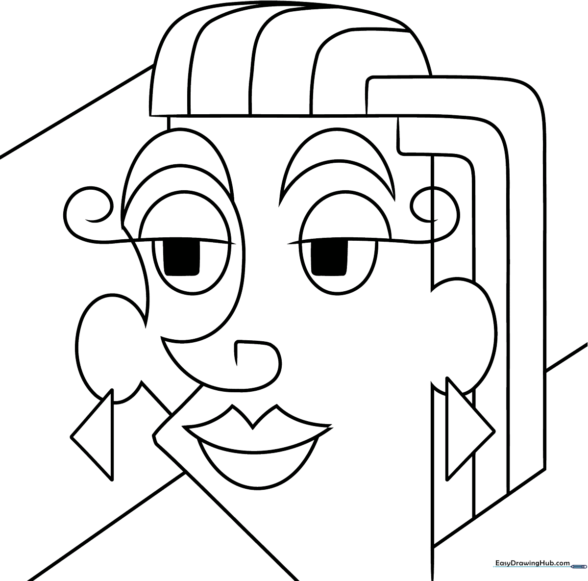 Black and white line art of an abstract face featuring geometric shapes and stylized features, ready for coloring.