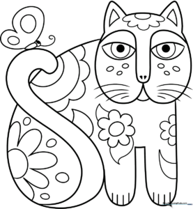 Black and white line art of a stylized cat featuring geometric patterns and bold shapes inspired by Laurel Burch folk art, ready for coloring.