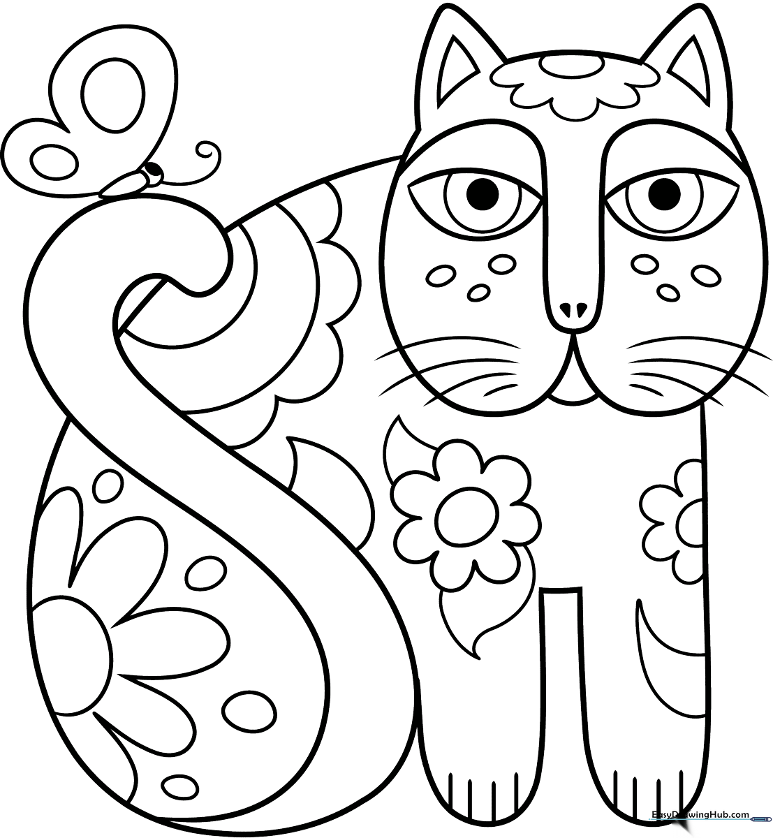 Black and white line art of a stylized cat featuring geometric patterns and bold shapes inspired by Laurel Burch folk art, ready for coloring.