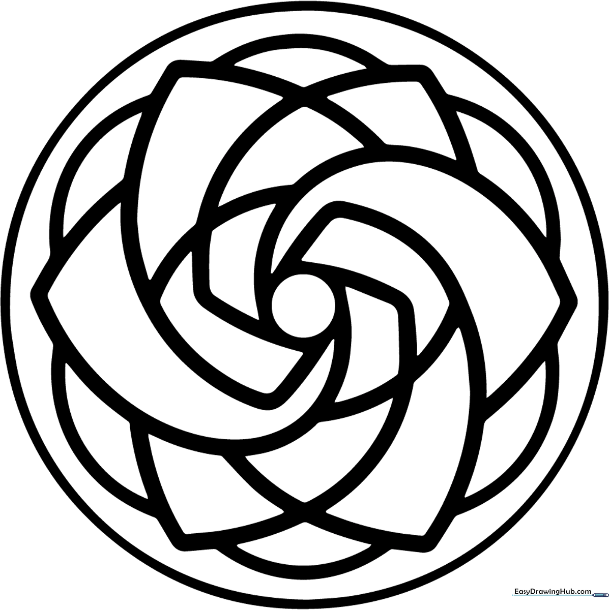 Detailed black and white line art of a rose-inspired mandala with symmetrical floral petals and geometric patterns for coloring.