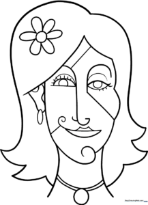 Black and white line art of an abstract face with geometric patterns, designed for children to color and personalize.