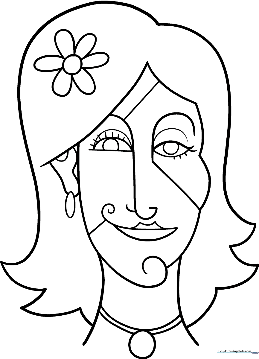 Black and white line art of an abstract face with geometric patterns, designed for children to color and personalize.