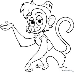 Black and white line art of Abu the monkey from Aladdin, featuring clear outlines for easy coloring by children.