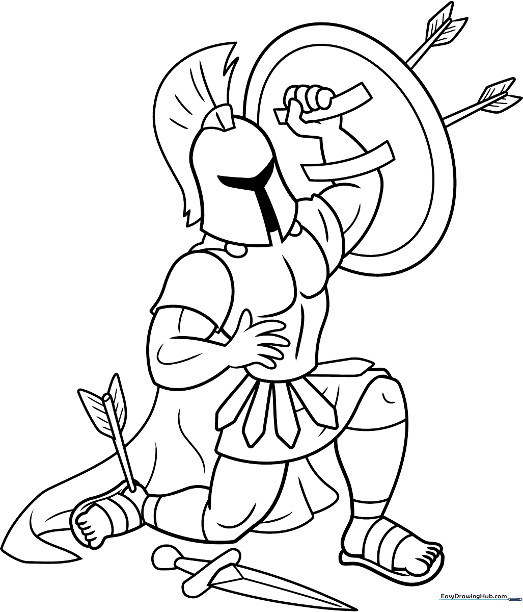 Black and white line art of the Greek hero Achilles wearing traditional armor and a helmet, designed for children to color.