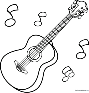 Black and white line art of an acoustic guitar with clear outlines, perfect for children to color with crayons or markers.
