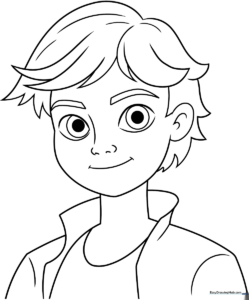Black and white line art of Adrien Agreste from Miraculous, featuring clear outlines for easy coloring and character-accurate details.