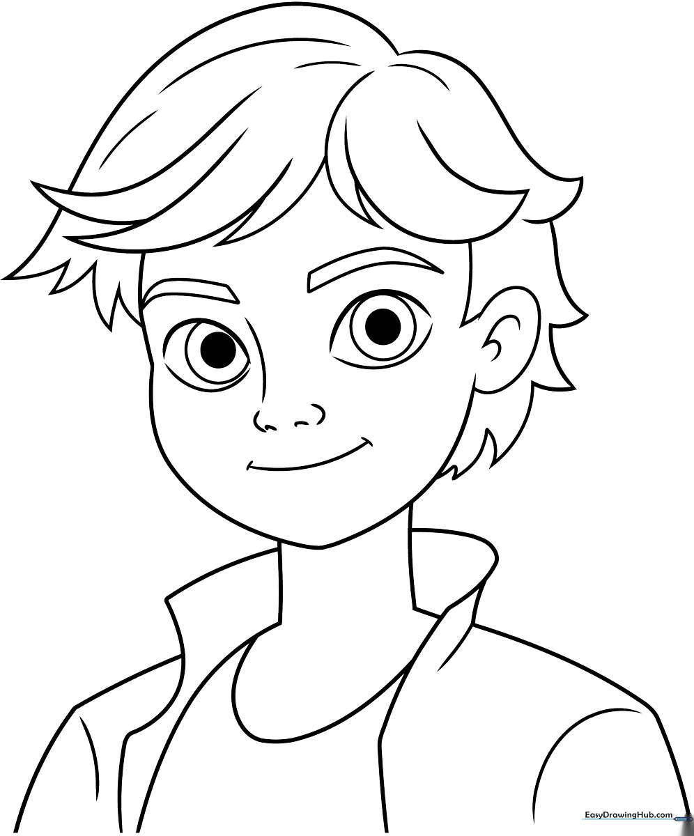 Black and white line art of Adrien Agreste from Miraculous, featuring clear outlines for easy coloring and character-accurate details.