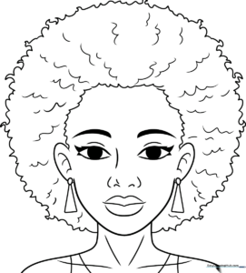 Black and white line art of a stylized Afro hairstyle with defined curls and volume, ready for coloring.