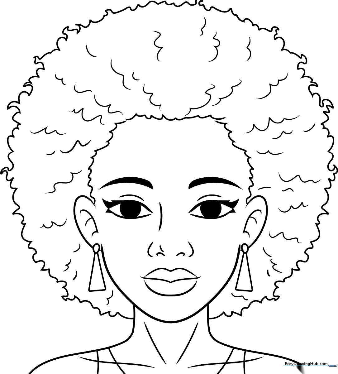 Black and white line art of a stylized Afro hairstyle with defined curls and volume, ready for coloring.