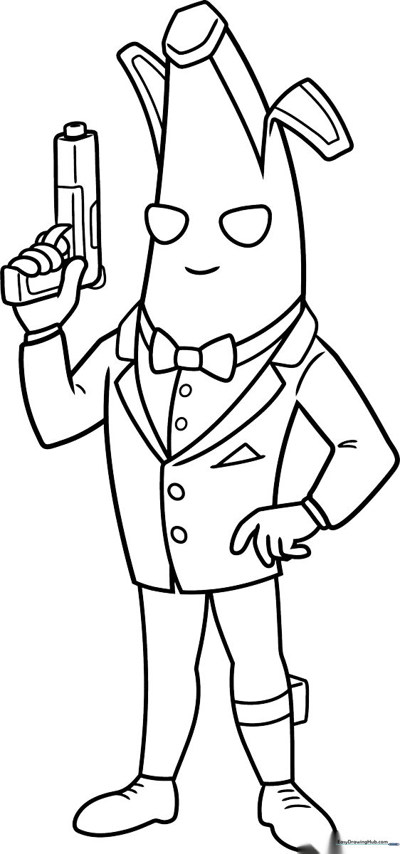 Black and white line art of Agent Peely from Fortnite, featuring clear outlines of the banana character wearing a suit, ready for coloring.