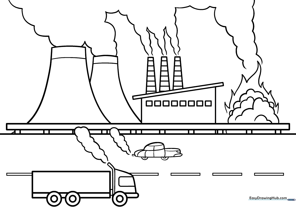Educational coloring sheet showing industrial smoke stacks and factory emissions in a landscape setting for environmental science lessons.