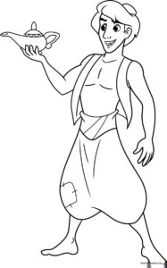 Black and white line art of Aladdin standing in his classic vest and pants, ready for children to color with markers or crayons.