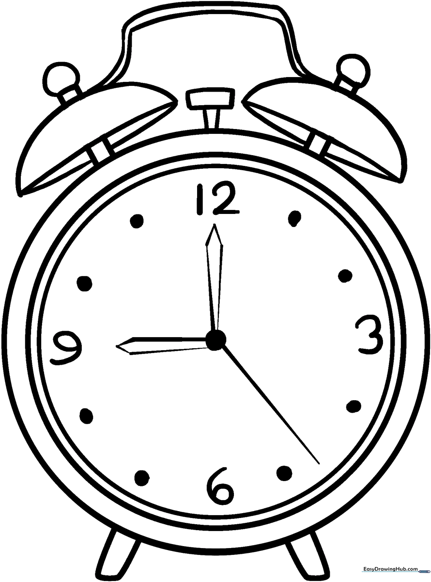 A clean, black-and-white line art illustration of a classic twin-bell alarm clock, featuring a round face with clear numerals, designed for children to color.