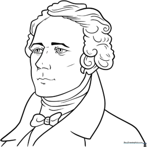 Black and white line art of Alexander Hamilton in 18th-century attire, designed for children to color.