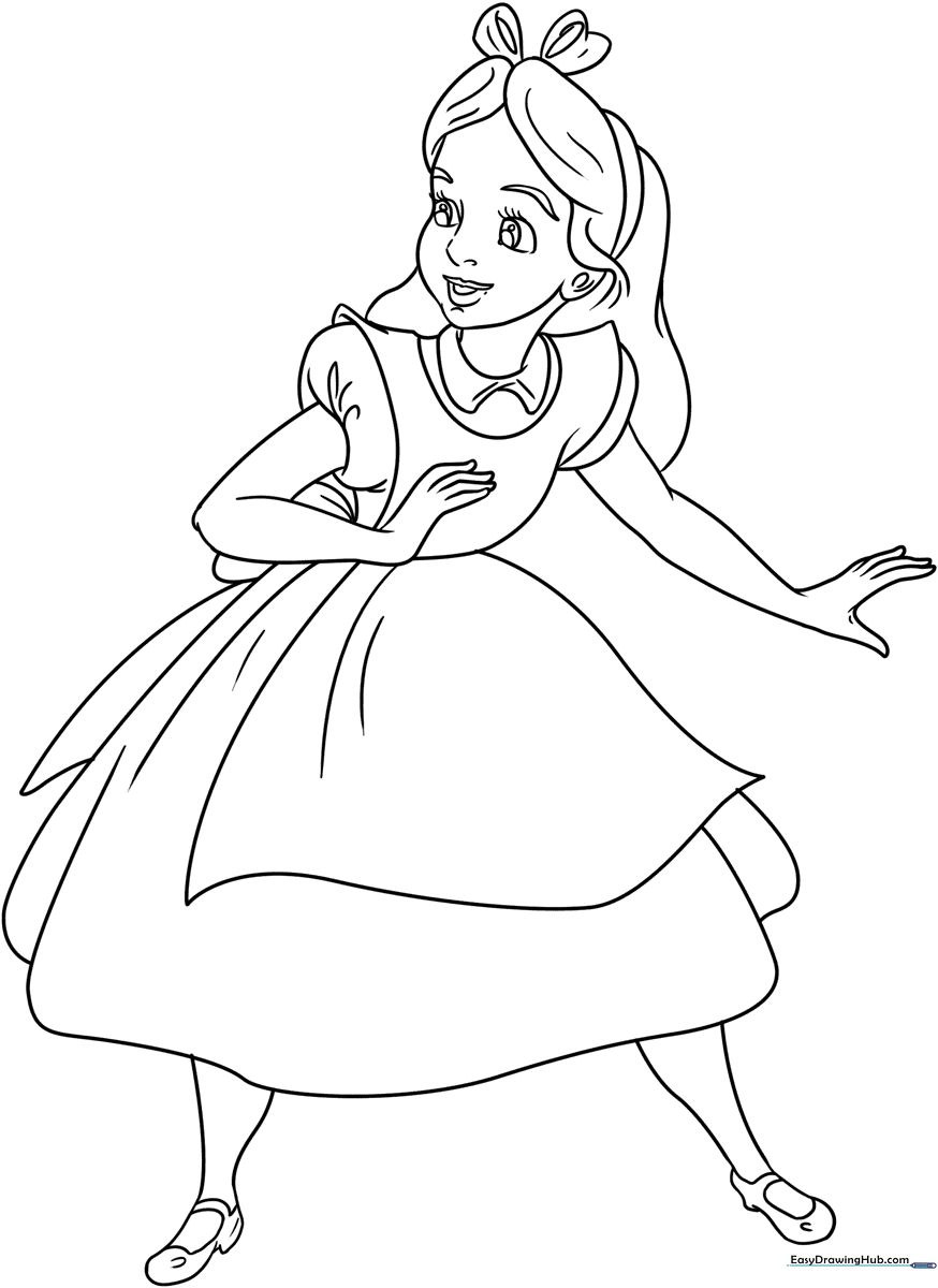 Black and white line art of Alice from Wonderland, featuring clear outlines for easy coloring and detailed dress patterns for intermediate artists.
