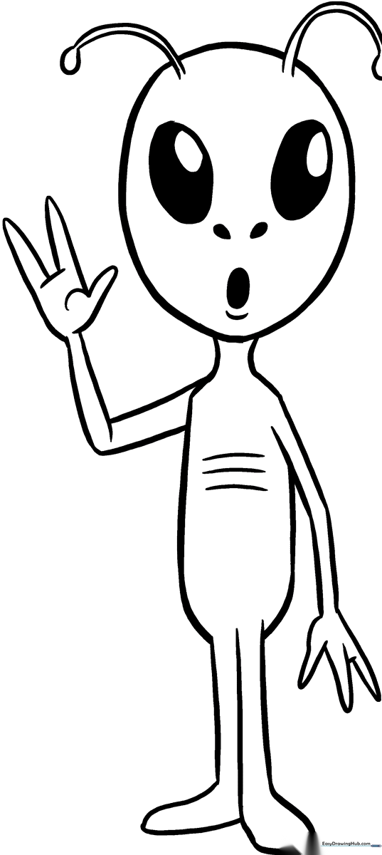 Line art of a friendly alien with large expressive eyes and antennae, designed for children to color with markers or crayons.