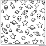 Black and white line art of a friendly alien surrounded by complex doodle patterns, designed for children to color and customize.
