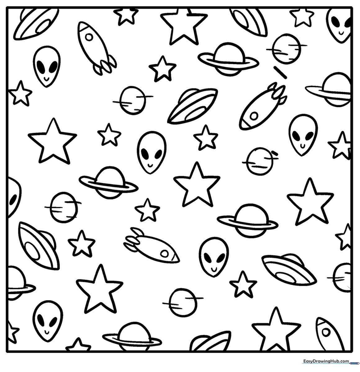 Black and white line art of a friendly alien surrounded by complex doodle patterns, designed for children to color and customize.