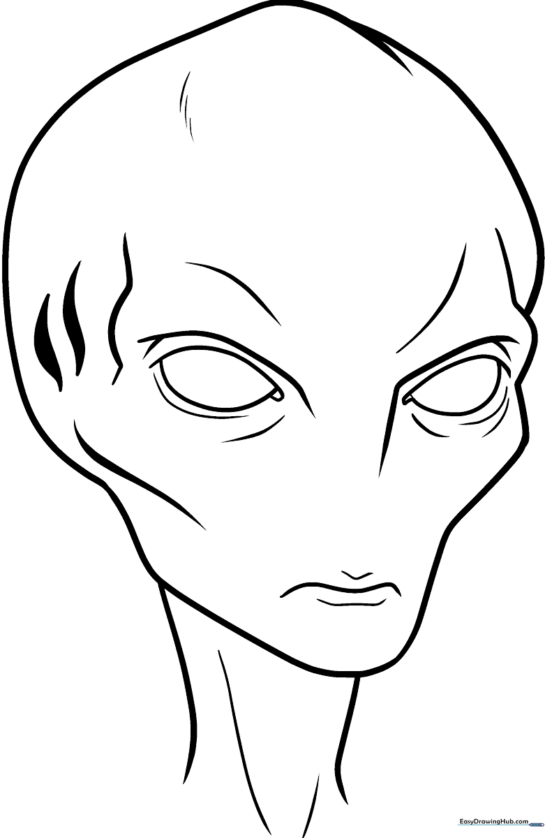 Black and white line art of a friendly alien face with large oval eyes, perfect for children to color with markers or crayons.