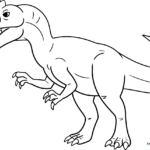 Black and white line art of an Allosaurus dinosaur standing in profile, featuring clear outlines for easy coloring by children.