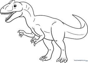 Black and white line art of an Allosaurus dinosaur standing in profile, featuring clear outlines for easy coloring by children.