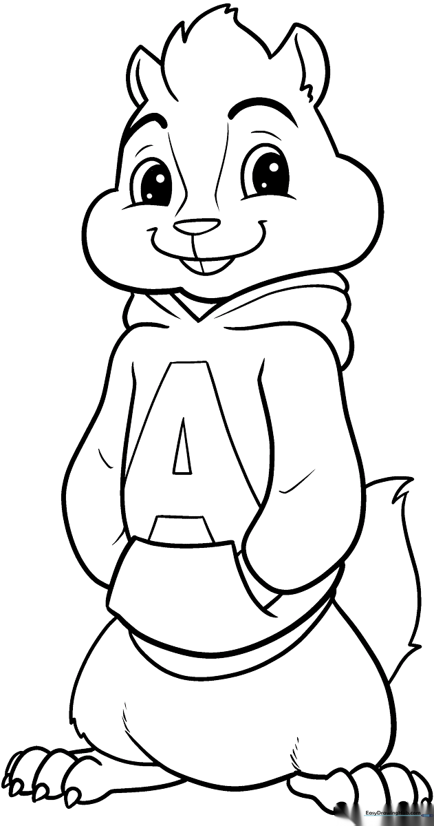 Black and white line art of Alvin from Alvin and the Chipmunks, featuring clear outlines for easy coloring by children.