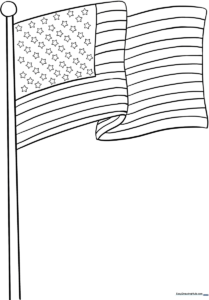 Black and white line art of the American flag with clear stripes and star sections, designed for children to color.