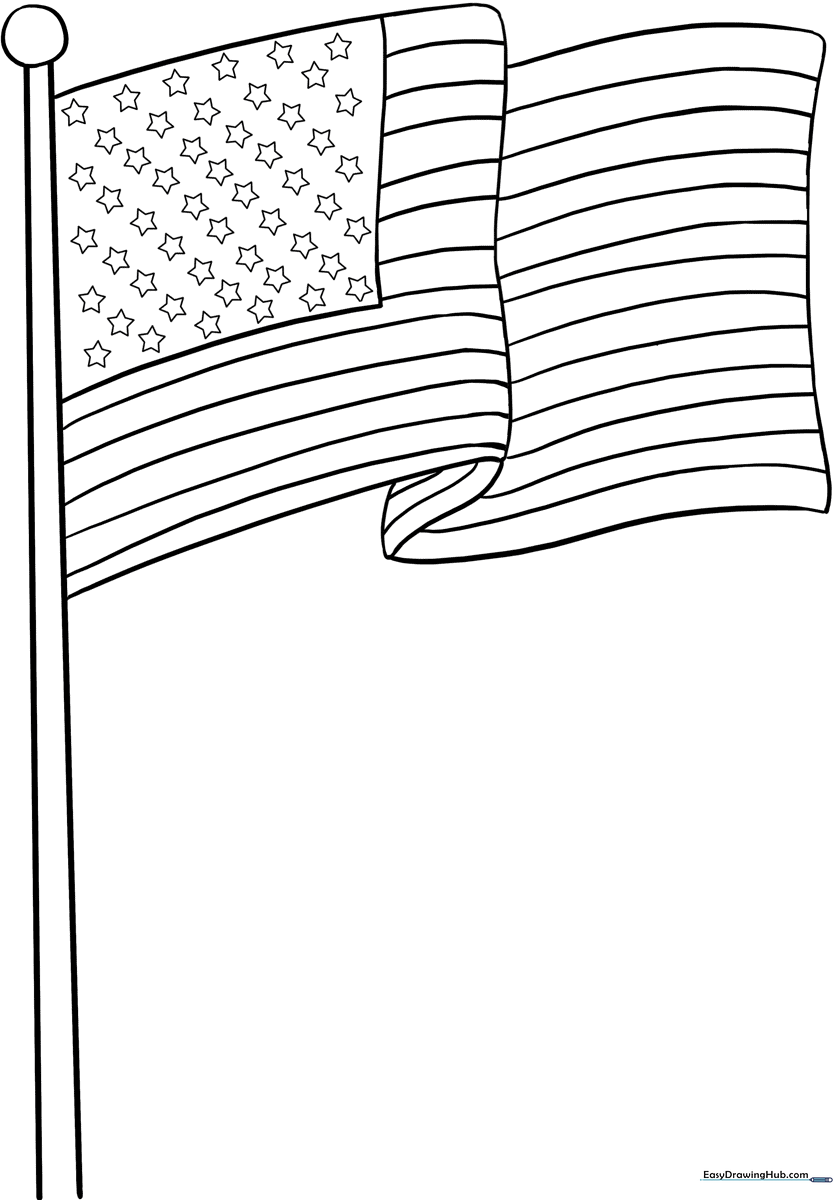 Black and white line art of the American flag with clear stripes and star sections, designed for children to color.