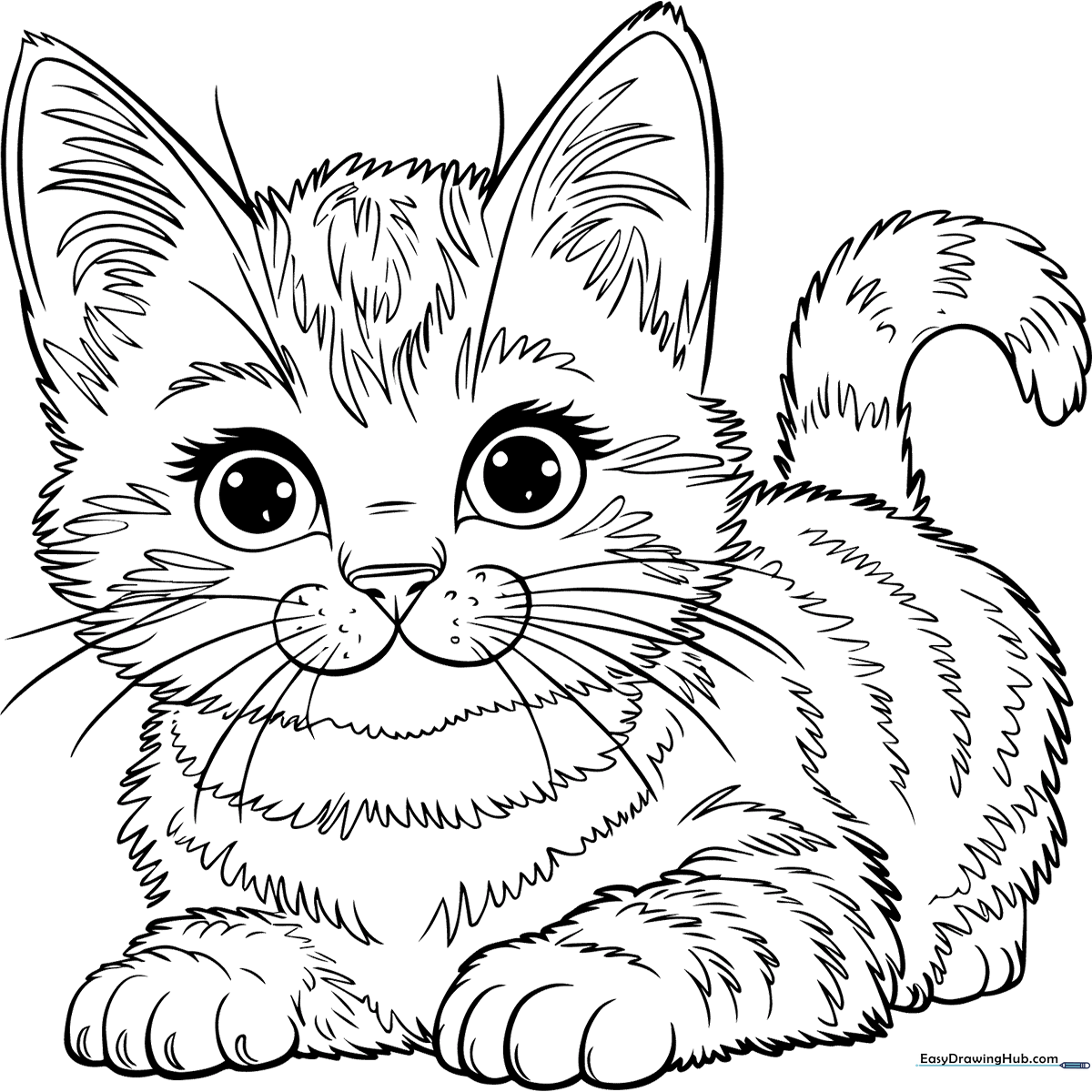 Line art illustration of a cute American Shorthair kitten with large expressive eyes and distinct tabby markings, ready for coloring.