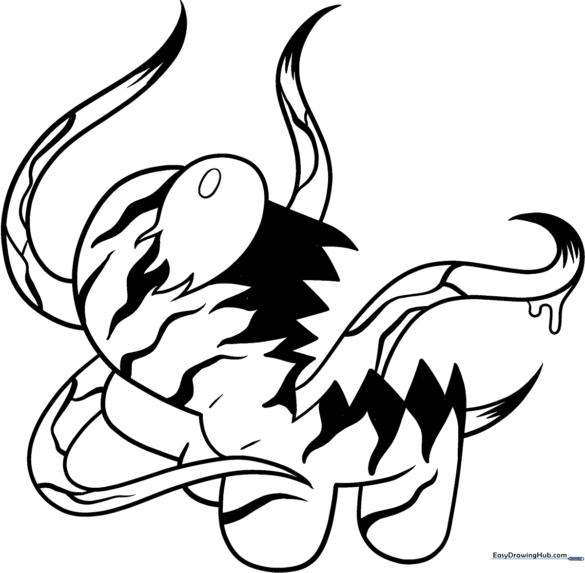 Black and white line art of an Among Us crewmate transformed into the Marvel villain Carnage, featuring sharp teeth and tendrils for coloring.