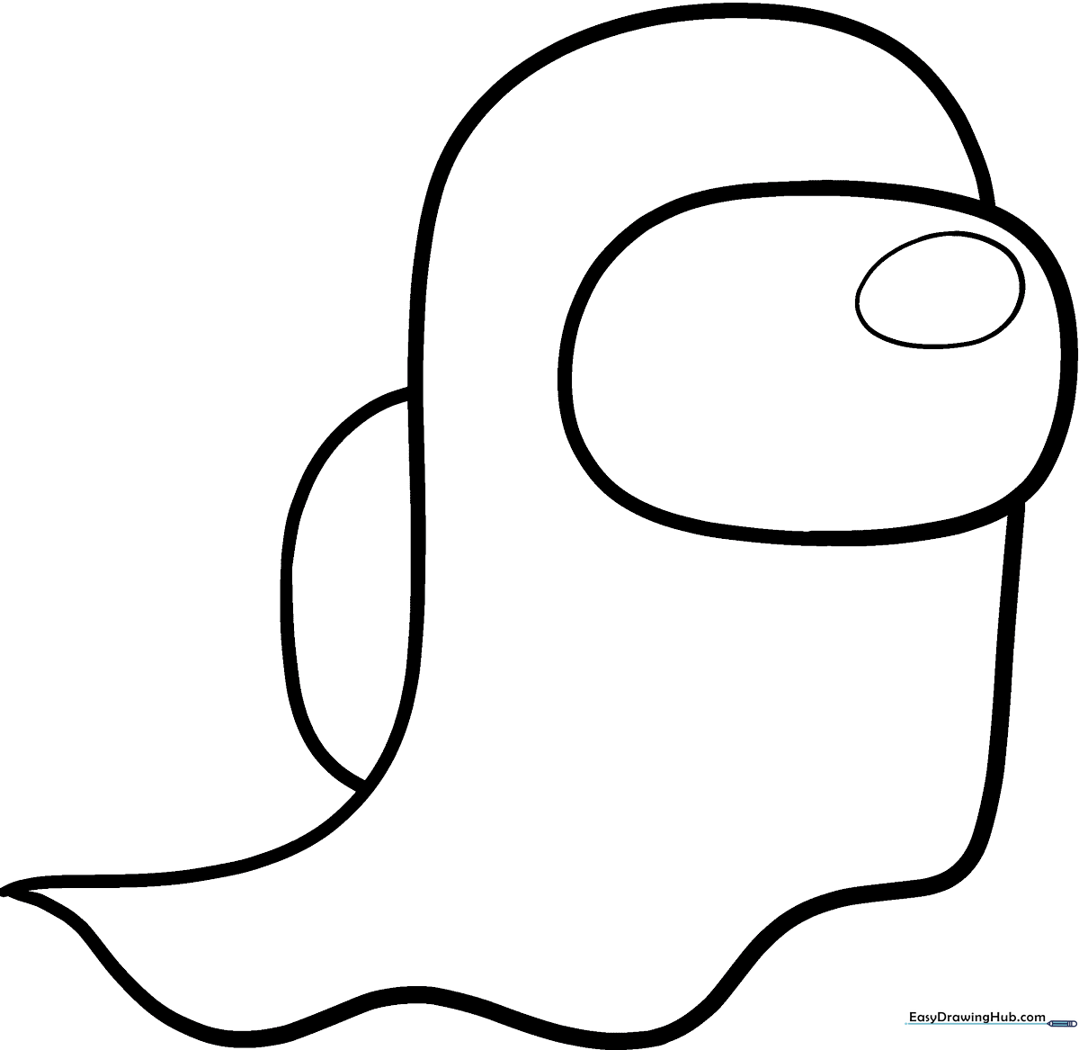 Black and white outline of an Among Us ghost character with a floating appearance, featuring clear lines for easy coloring by children.