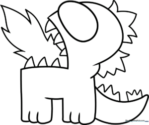 Black and white line art of an Among Us crewmate wearing a Godzilla-style dorsal fin suit, ready for coloring.
