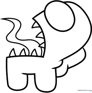 Black and white line art of an Among Us Imposter character with a sharp tooth, ready for kids to color with crayons or markers.