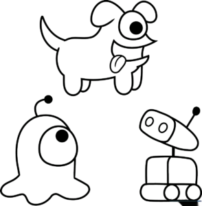 Black and white line art of an Among Us pet character with a rounded body and small antennae, ready for coloring.